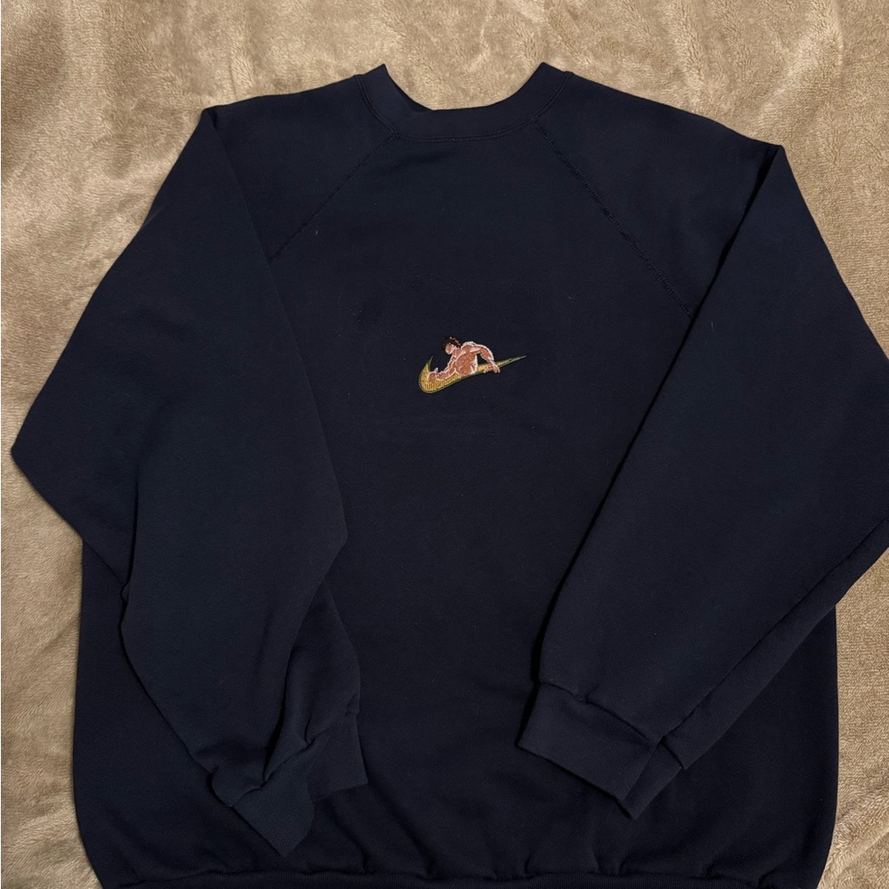Up cycled Men's Navy Crewneck Sweater-HELP PAY FIR COLLEGE TUITION.